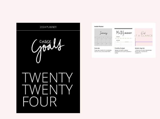 Black “Choose goals” 2024 planner cover beside three pastel matching planner inserts