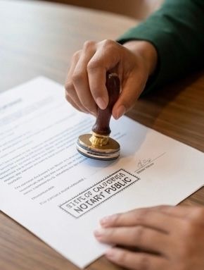 Hand stamping a document with a “Notarial Public” seal on a wooden desk
