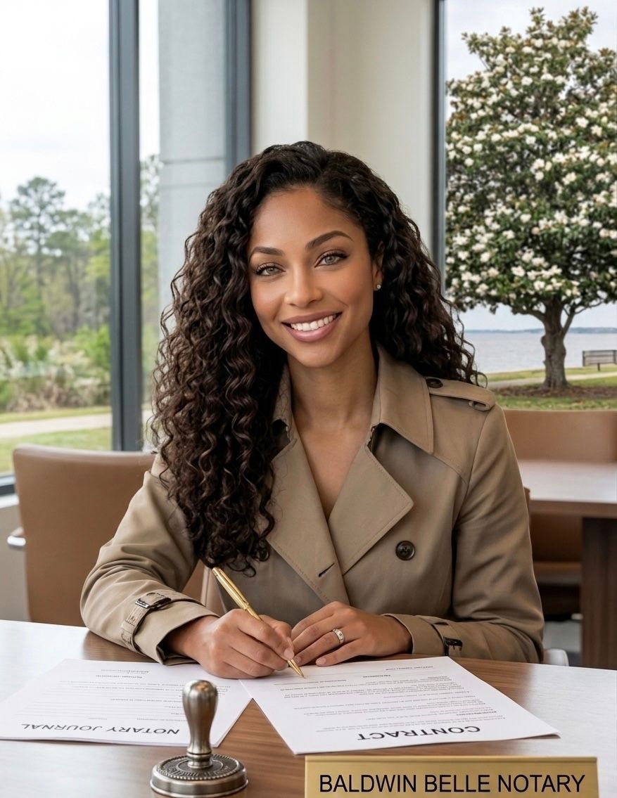 Smiling woman signing papers at a desk in a bright office with large windows and a tree outside
