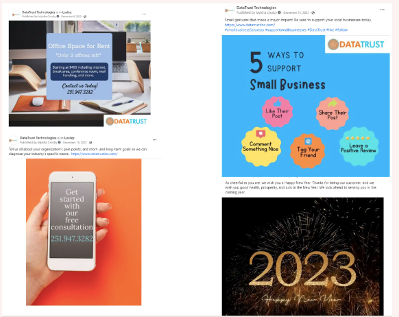 Collage of marketing graphics, including social media posts and a blue “5 ways to support small business” infographic.