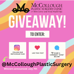 McCullough Plastic Surgery Clinic giveaway graphic with Instagram follow, like, and comment steps on a pink background
