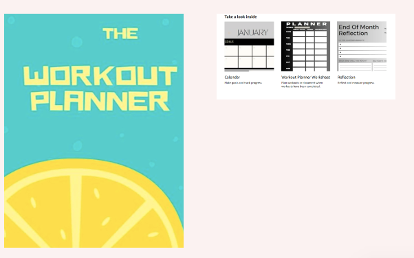 Turquoise workout planner cover with yellow citrus slice and small weekly workout tracker preview