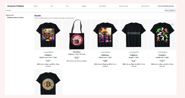 Online store product grid showing graphic t-shirts, a tote bag, and a mug with colorful designs