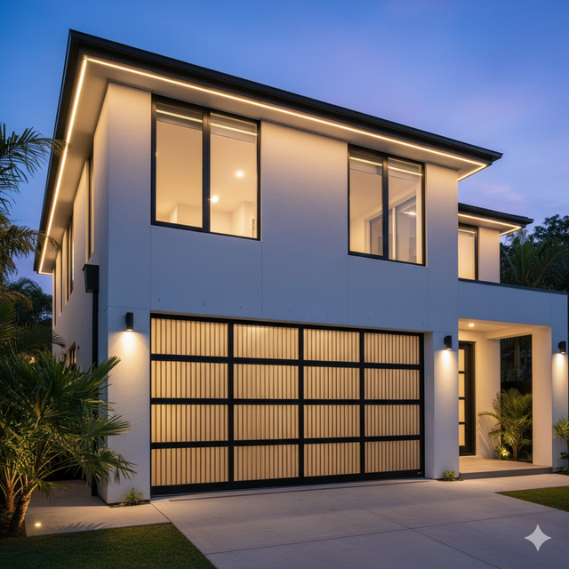 Two-story white modern house with lit accents. Garage door with vertical wood slats, black trim. Palm trees, night.