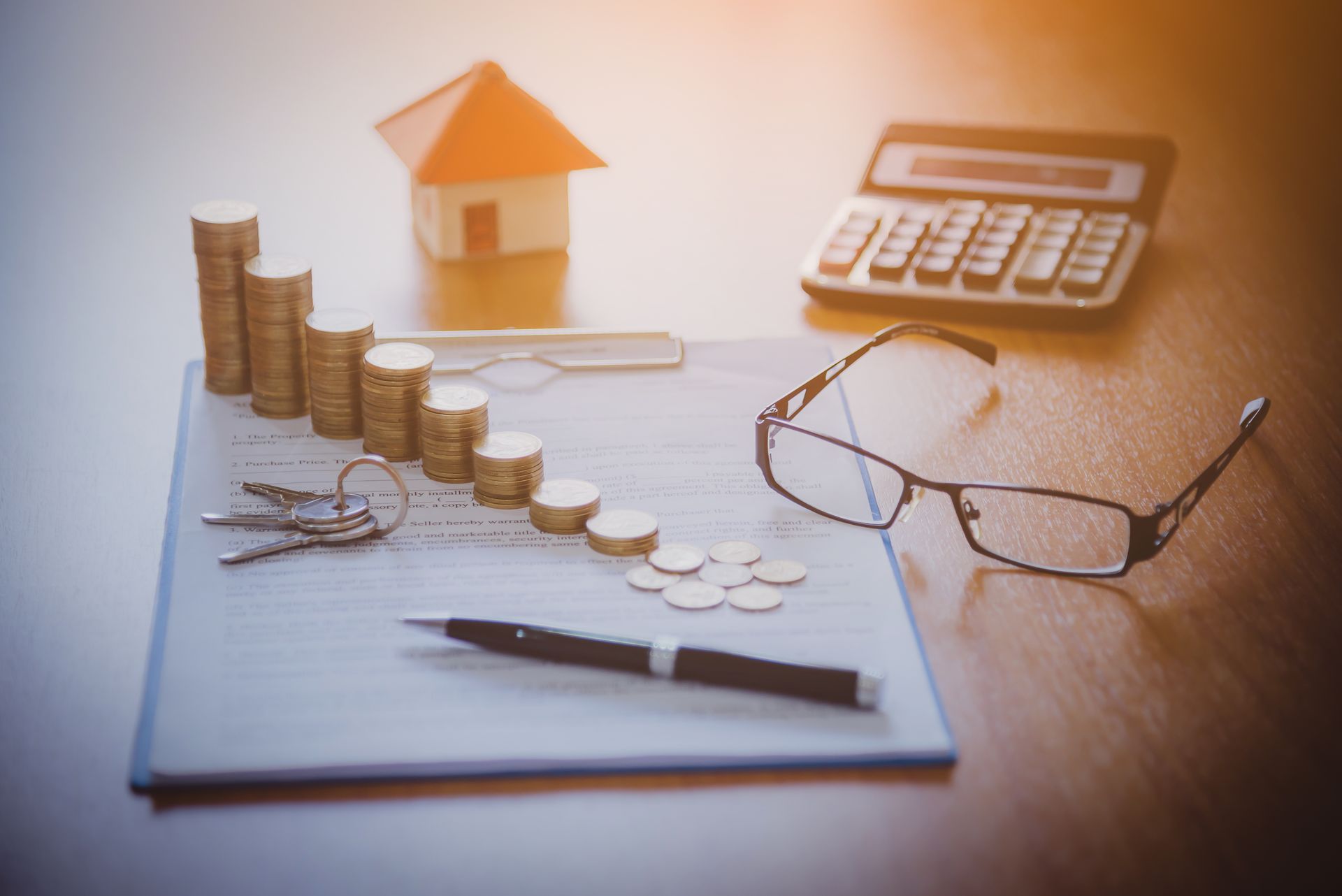 Financial planning still life: stacks of coins, toy house, calculator, keys, glasses, and a pen on paperwork.