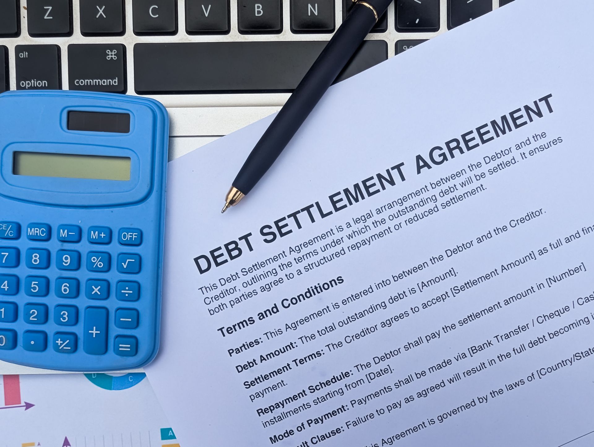 Debt settlement agreement with a calculator, pen, and keyboard.