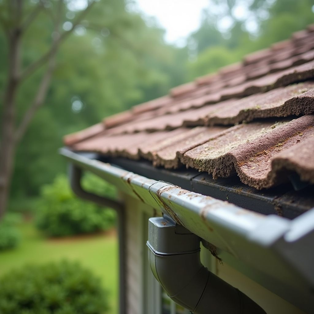 Brown roof with gutters; a downspout directs water towards the side of a house.