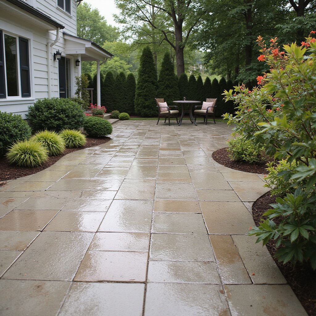 Stone patio with greenery and a table set.
