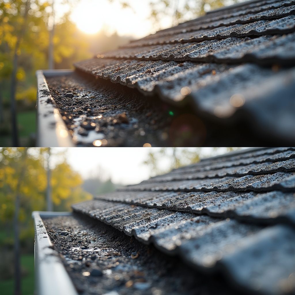 Close-up of a roof with a dirty gutter filled with debris. Sunlight shines in the background.