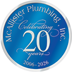 McAllister Plumbing Inc. 20th anniversary logo, blue and silver circle, celebrating 20 years from 2006 to 2026. McAllister Plumbing Inc. 20th anniversary logo, blue and silver circle, celebrating 20 years from 2006 to 2026.
