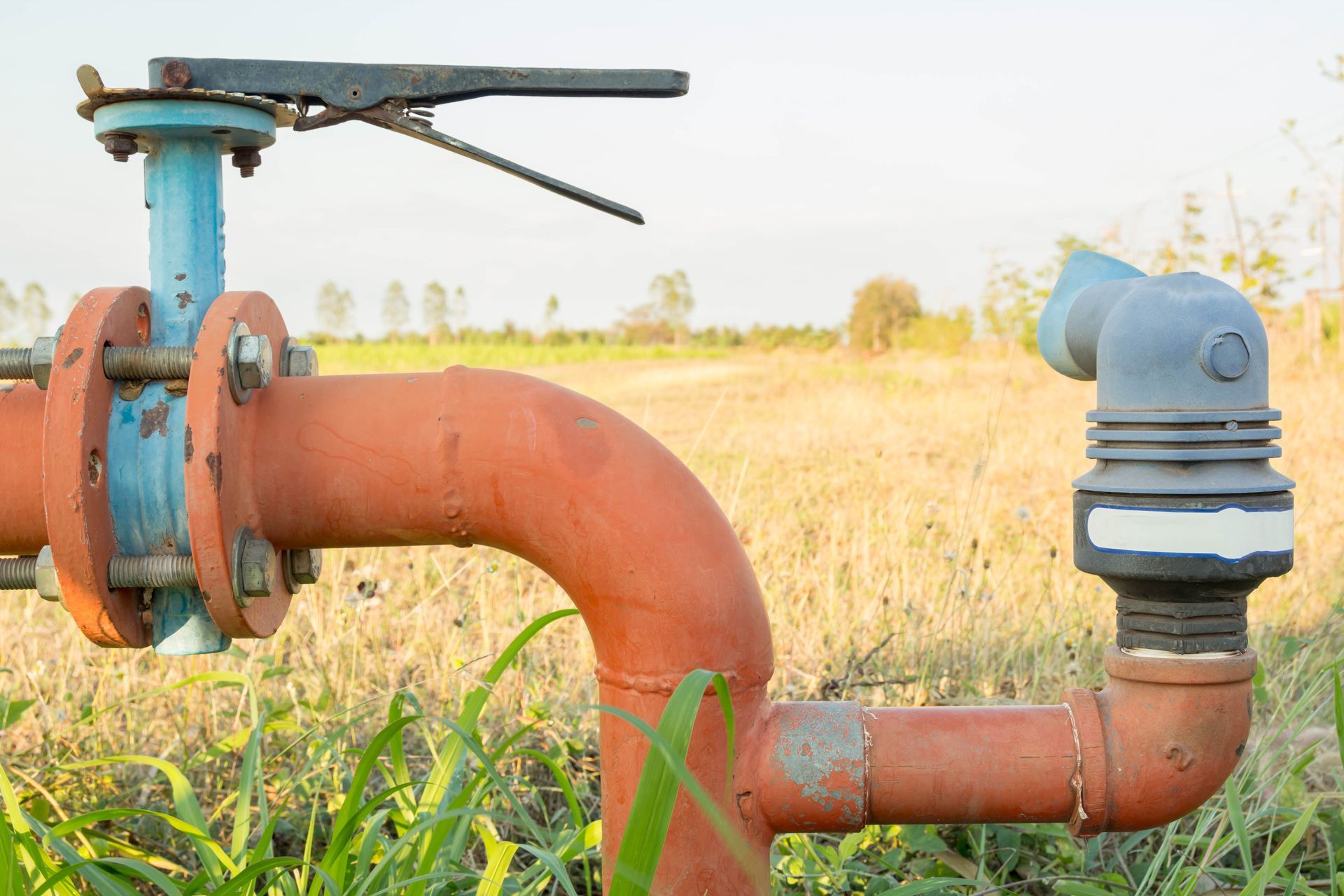 An orange industrial water pipe with a blue valve and a sprinkler head stands in a field of dry, grassy vegetation. An orange industrial water pipe with a blue valve and a sprinkler head stands in a field of dry, grassy vegetation.