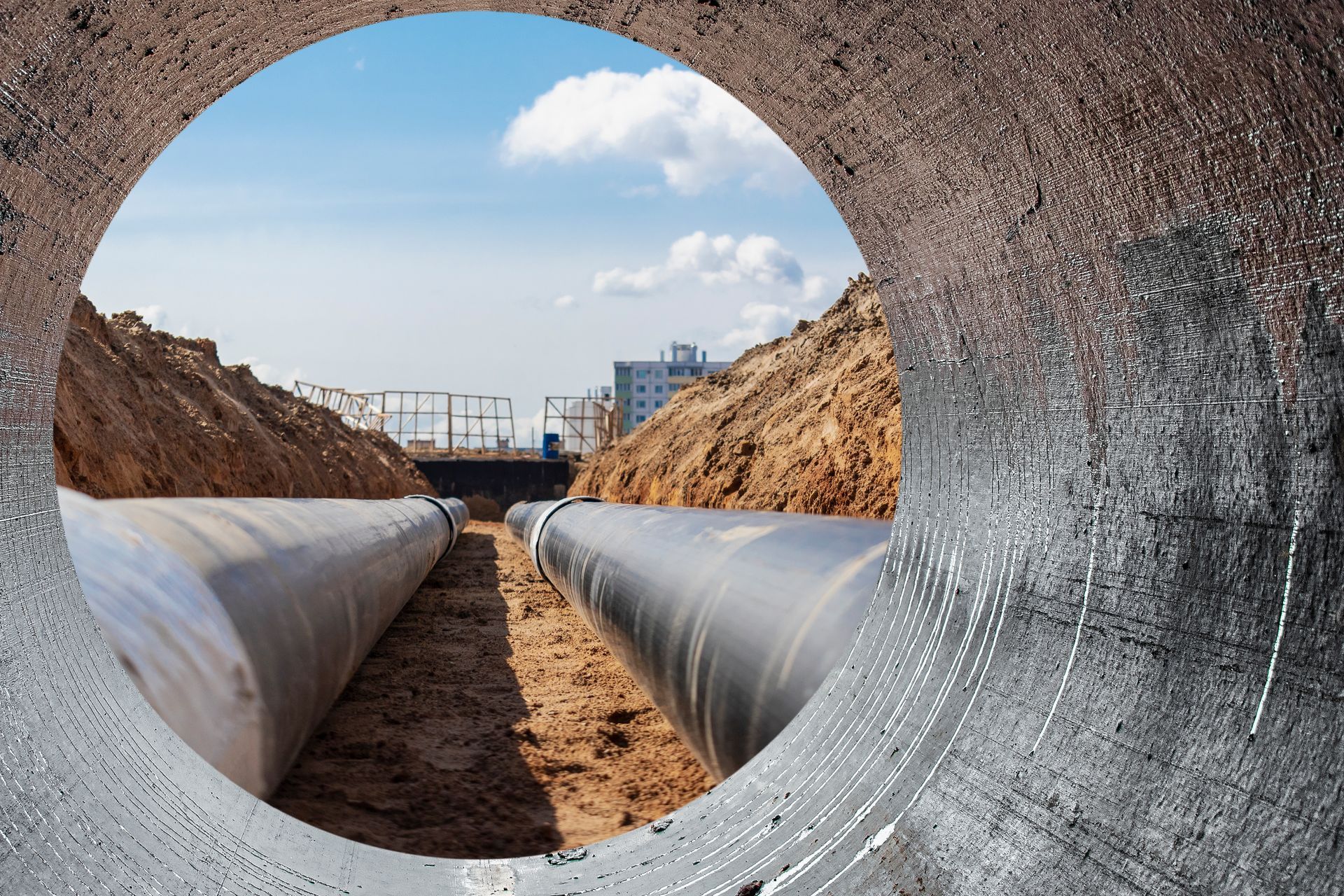 Two large pipes run parallel through a dirt trench, viewed from inside the opening of a large concrete pipe.