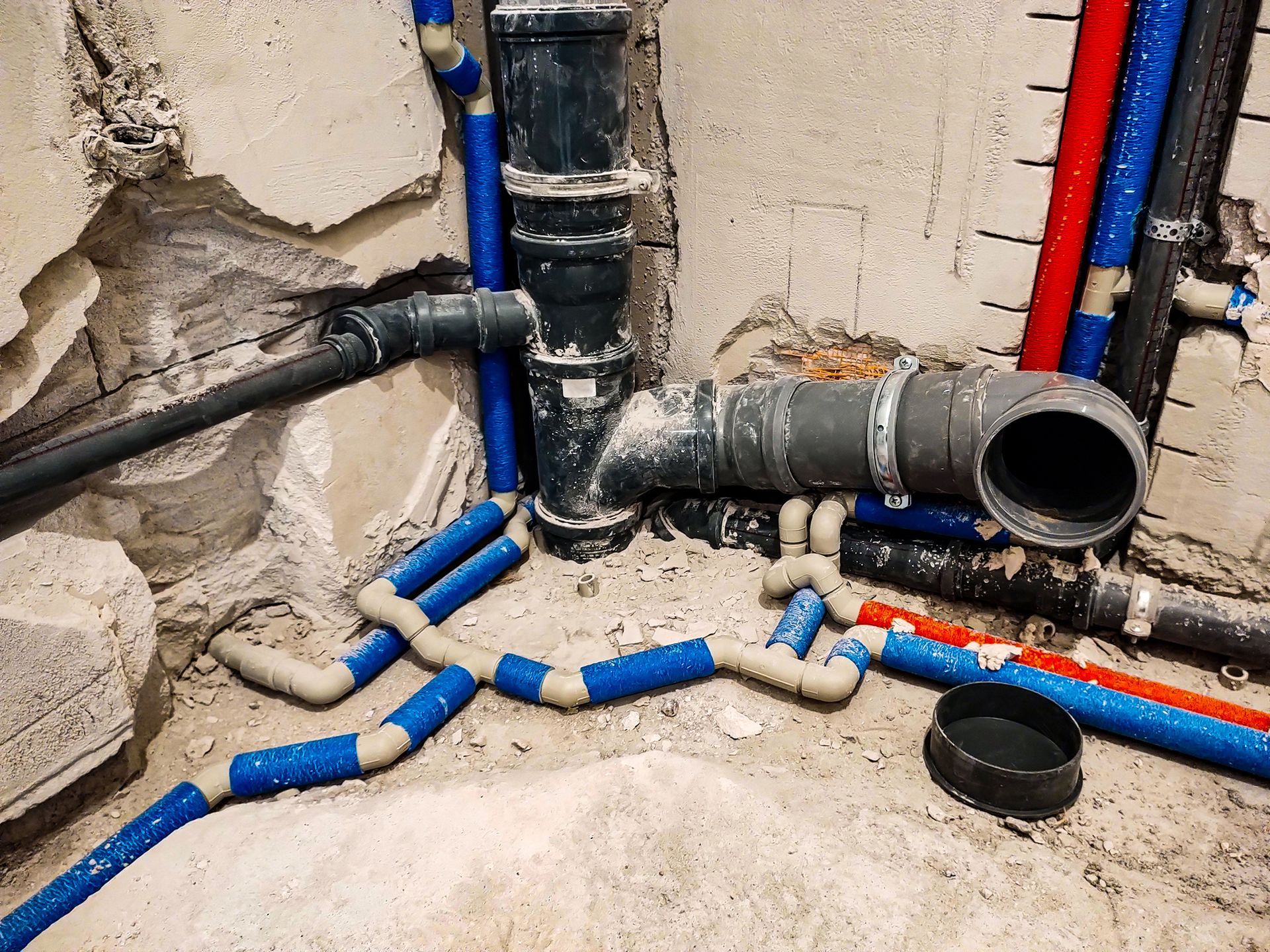Plumbing installation featuring a vertical black waste pipe with connected gray drains and blue water supply lines. Plumbing installation featuring a vertical black waste pipe with connected gray drains and blue water supply lines.
