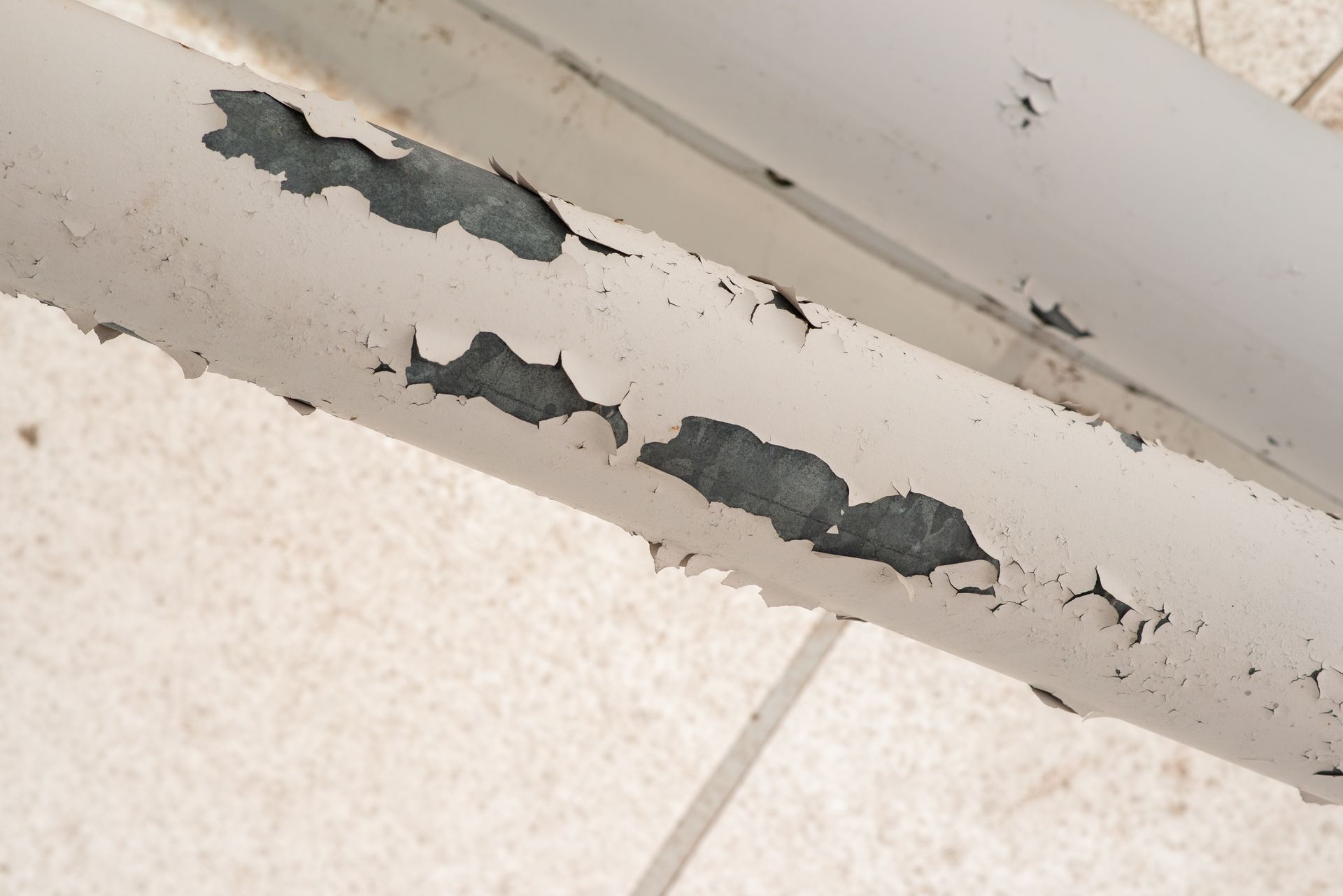 Close-up of chipped white paint peeling from a metal edge with dark rust underneath
