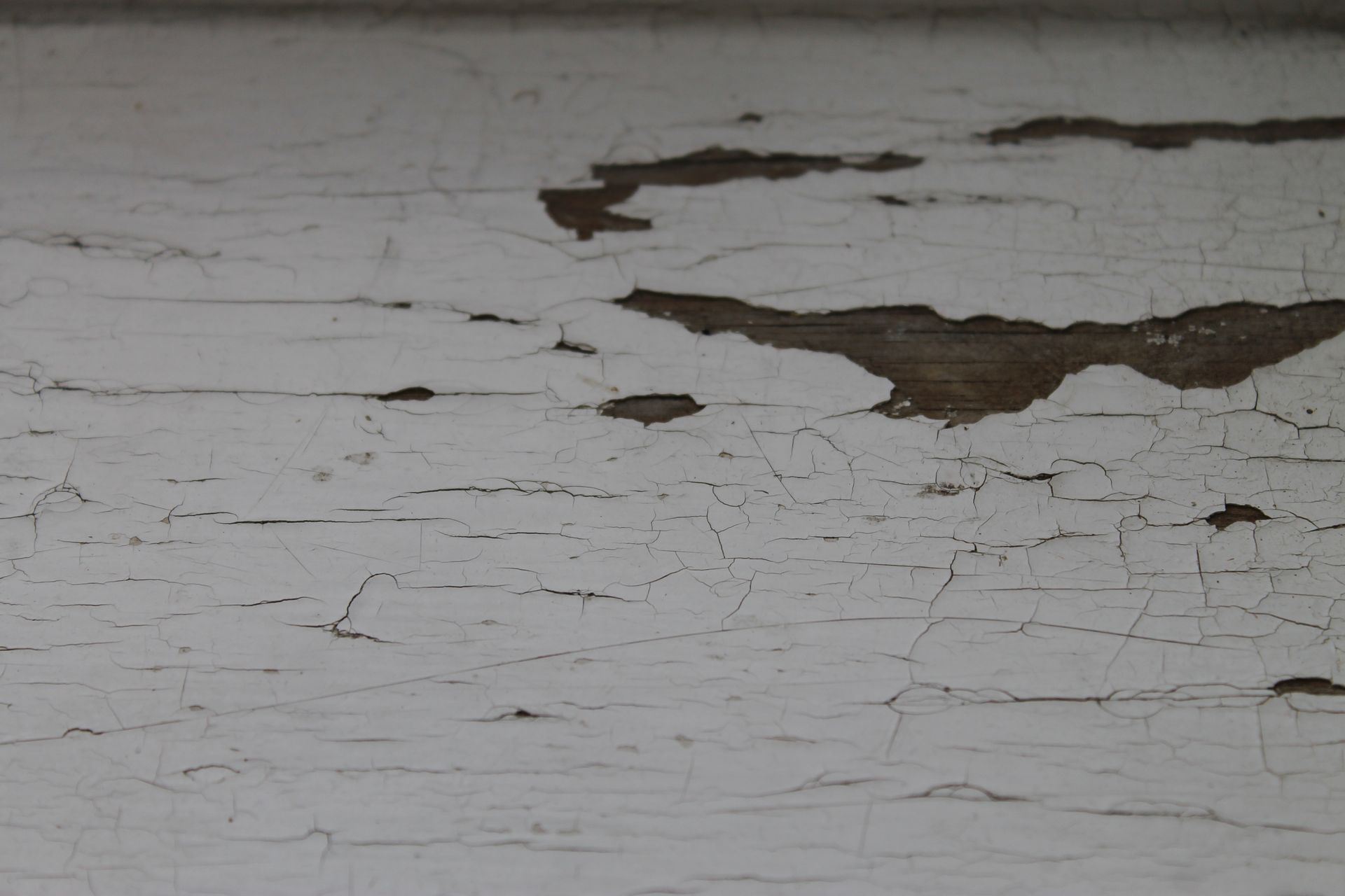 Close-up of white painted wood with peeling paint and exposed brown patches