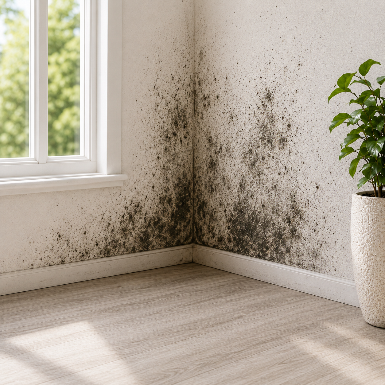 Mold-covered corner wall in a bright room beside a window and potted plant