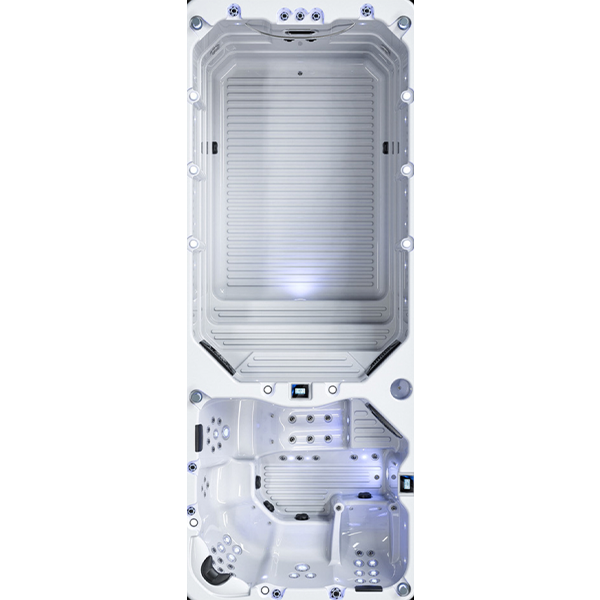Une grande piscine avec un jacuzzi attaché sur un fond blanc.