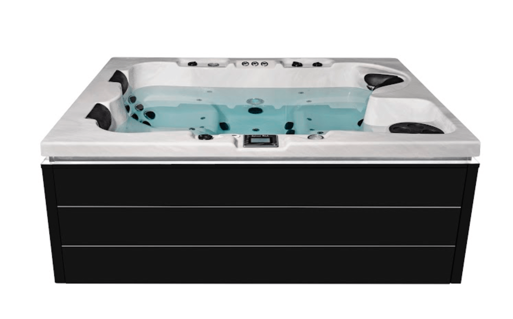 Un jacuzzi blanc et noir avec de l'eau bleue sur fond blanc.