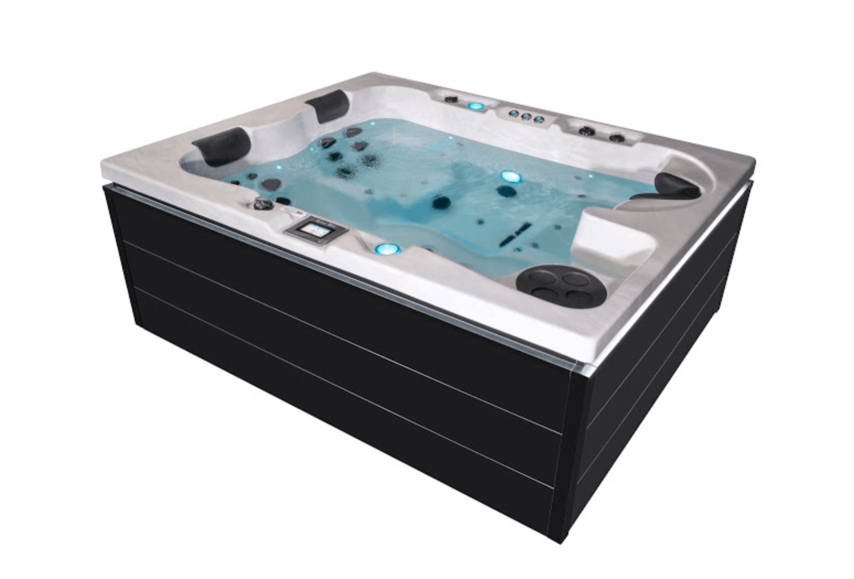 Un jacuzzi blanc et noir avec de l'eau bleue dedans
