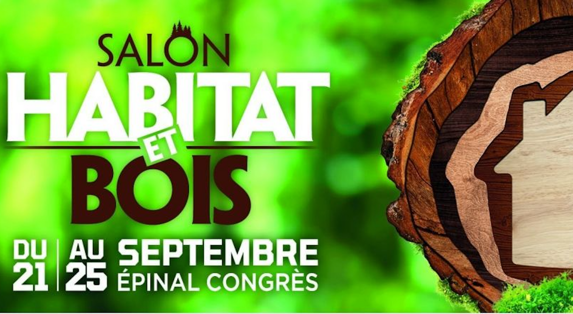 Une affiche pour le salon habitat et bois montre une souche d'arbre avec une maison découpée.