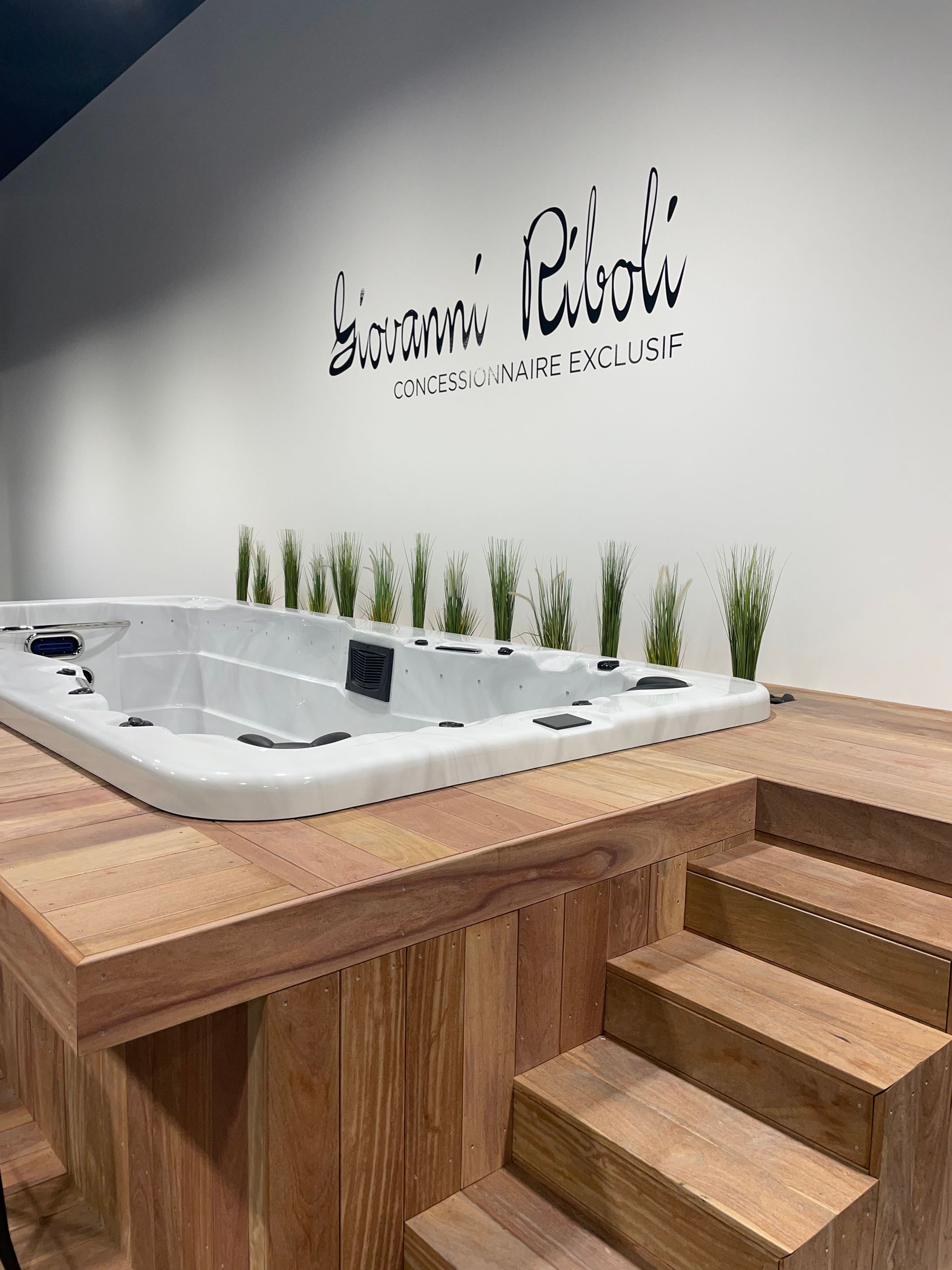 Un bain à remous est posé sur une plate-forme en bois avec des escaliers qui y mènent.