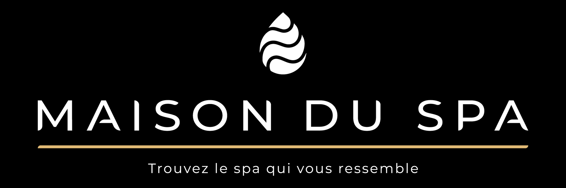 La maison du spa Logotype Logo pour Maison du Spa présentant une icône de goutte d'eau stylisée au-dessus du nom de l'entreprise en blanc sur fond noir.