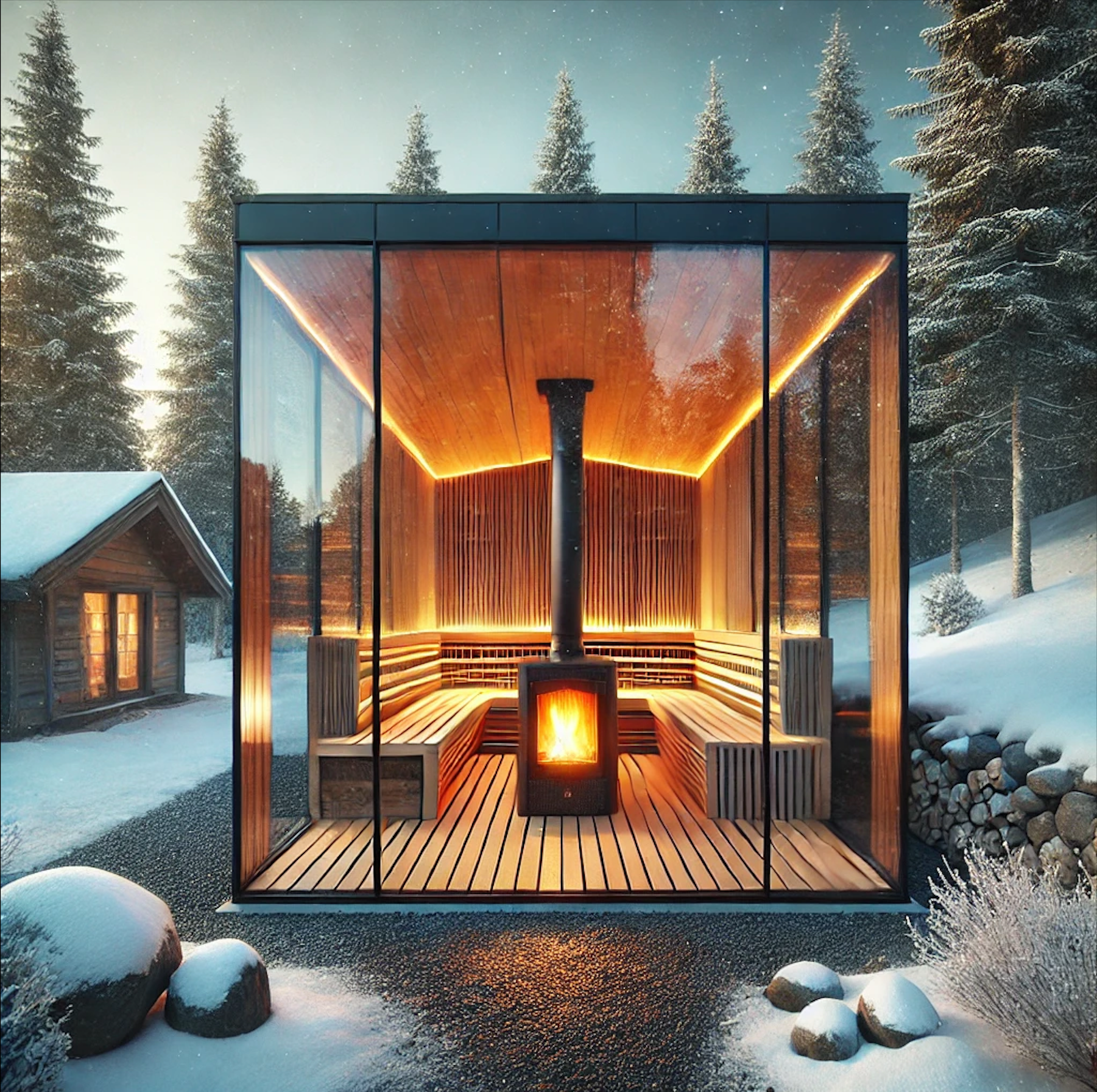Un sauna en verre avec un poêle à bois à l'intérieur