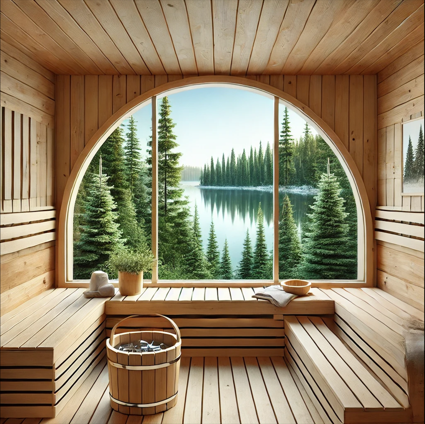 Un sauna en bois avec une grande fenêtre donnant sur un lac
