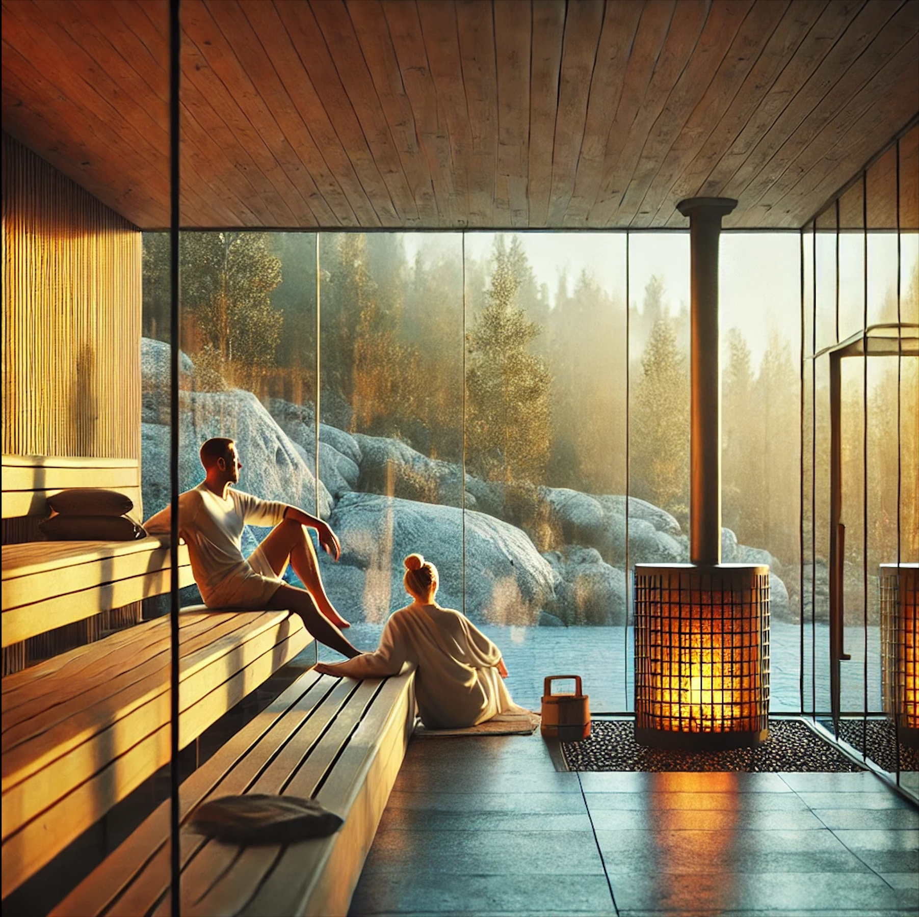 Un homme et une femme sont assis dans un sauna et regardent par la fenêtre