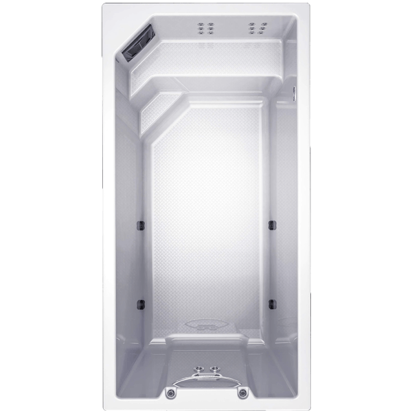 Une grande baignoire blanche avec des escaliers sur fond blanc.