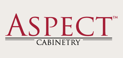 Logo for Aspect Cabinetry in red text. The word