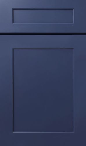 Blue cabinet door with a rectangular panel and inset top panel.