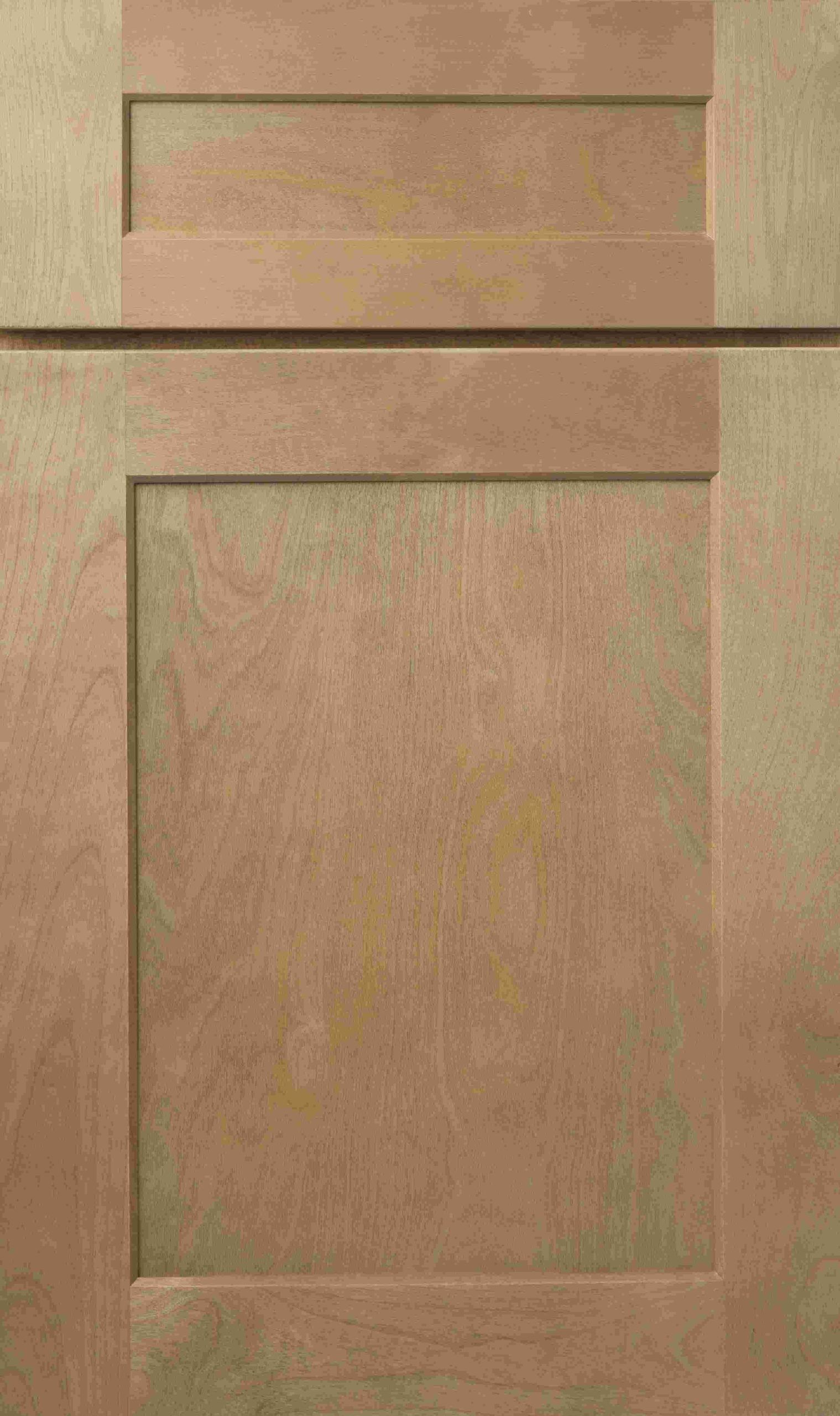 Two-panel wood cabinet door with a square recessed panel and a rectangular top panel, light brown color.