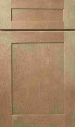 Cabinet door with a natural wood grain and a rectangular inset panel.