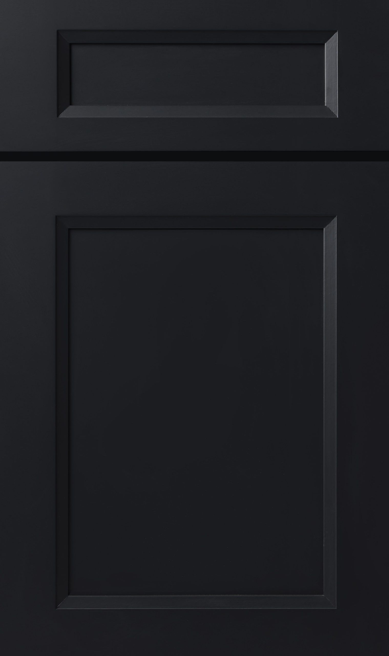 Black cabinet door with raised panel and upper rectangular accent.