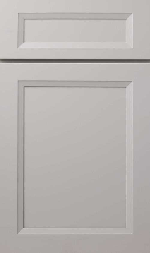 Gray cabinet door with rectangular raised panel and top rectangular inset.