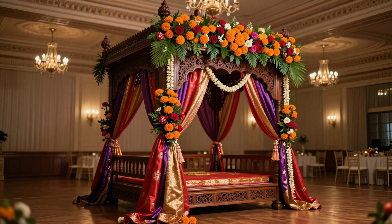 Stunning wedding mandap with elegant drapery in an Atlanta venue