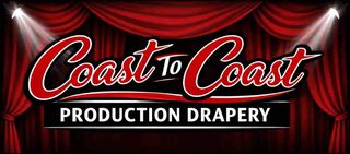 Logo for "Coast To Coast Production Drapery" with red curtains and spotlights.