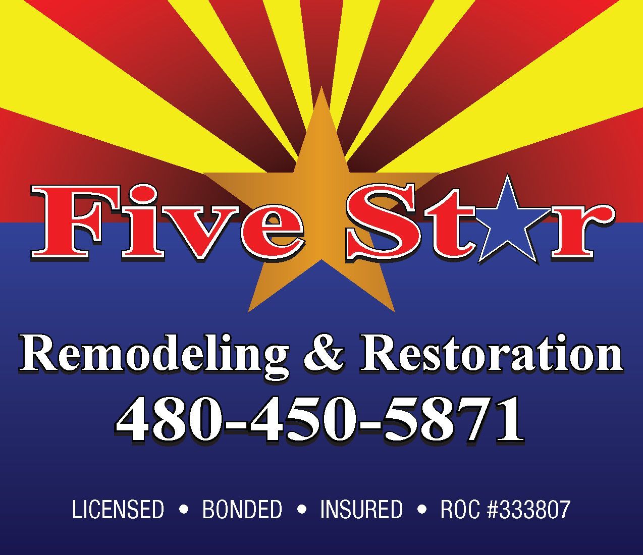 A logo for five star remodeling with an arizona flag
