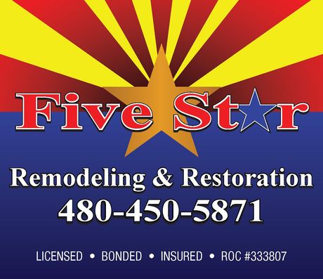 A logo for five star restoration with an arizona flag in the background