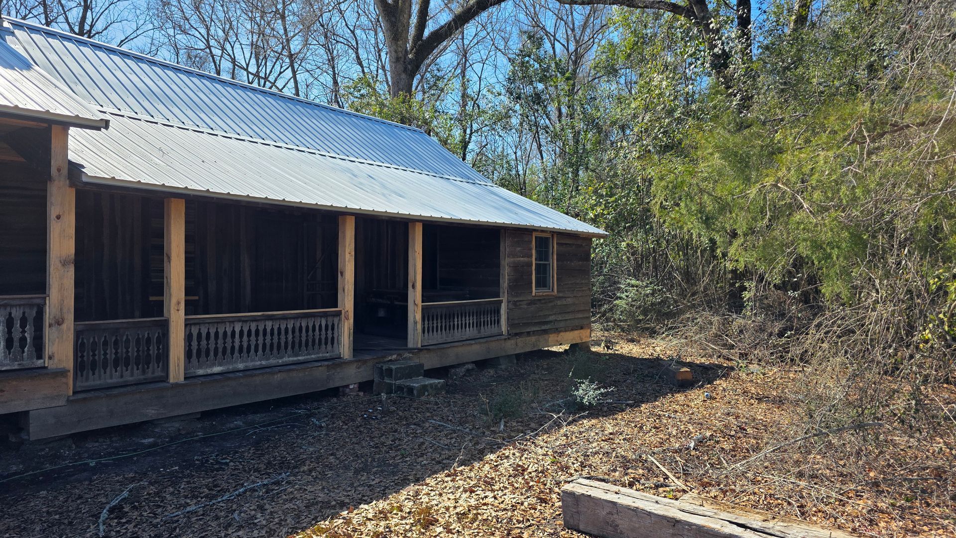Rustic log cabin with a metal roof on a wooded lot, surrounded by trees and dry leaves.
