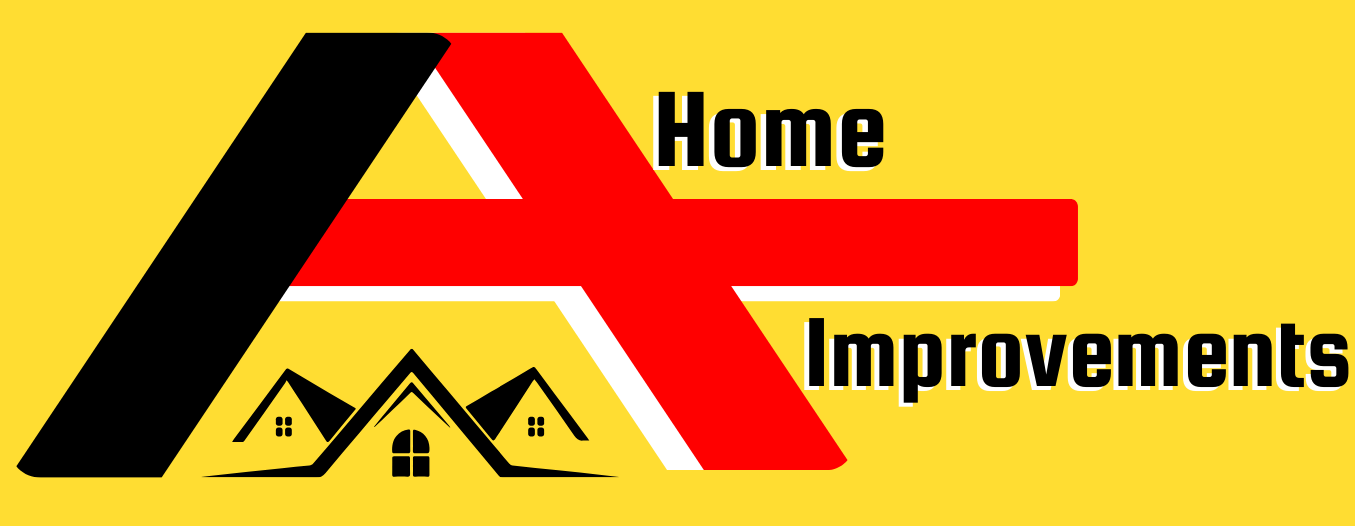 Logo for Home Improvements with a red-and-black house roof icon on a yellow background