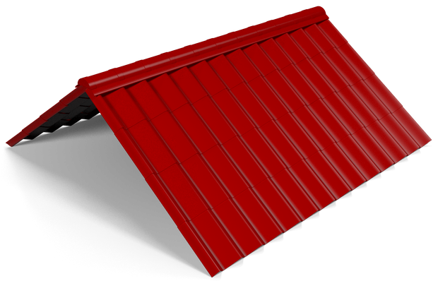 Red metal roof panel with a pitched shape on a white background