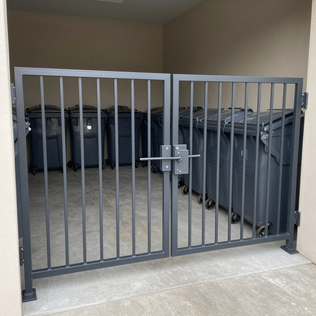 A metal gate is visible behind a prominent dumpsters.