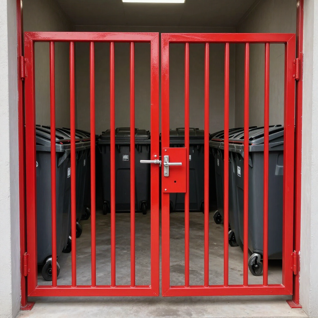 A red gate adjacent to a black dumpster, highlighting a typical outdoor waste disposal area in Tanque Verde.
