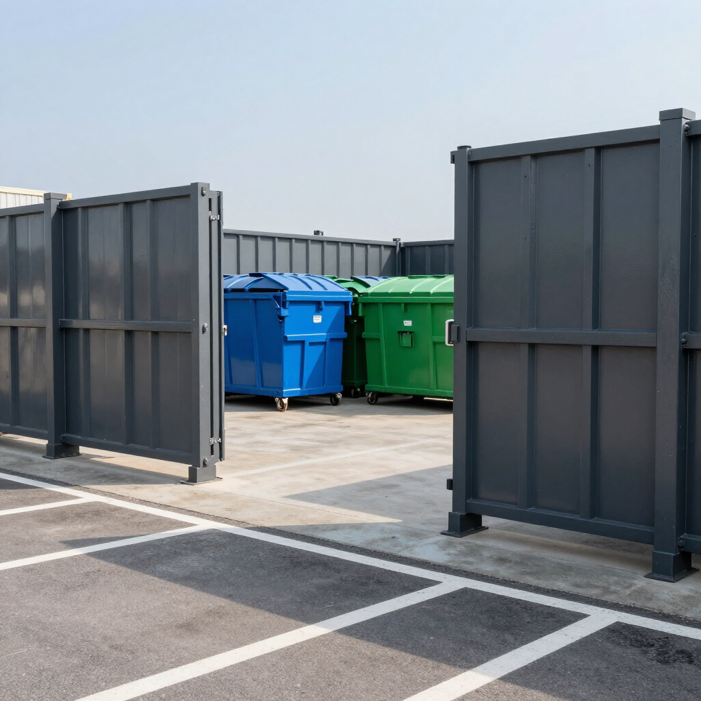 Open industrial gate with blue and green dumpsters in a paved lot