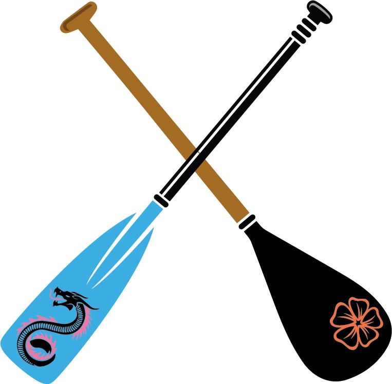 A blue paddle with a dragon on it and a black paddle with a flower on it