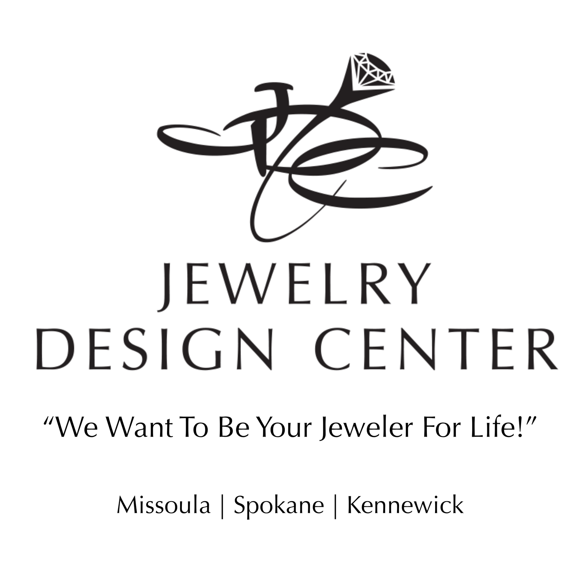Jewelry Design Center logo with stylized diamond and locations: Missoula, Spokane, Kennewick
