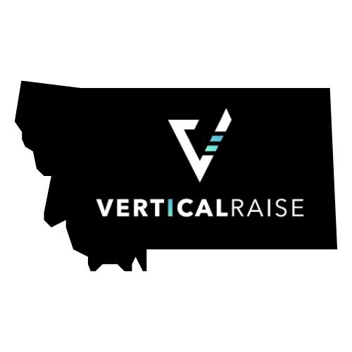 Verticalraise logo on black silhouette with white and teal lettering