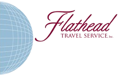 Logo of Flathead Travel Service, burgundy script text over a light blue world globe graphic.